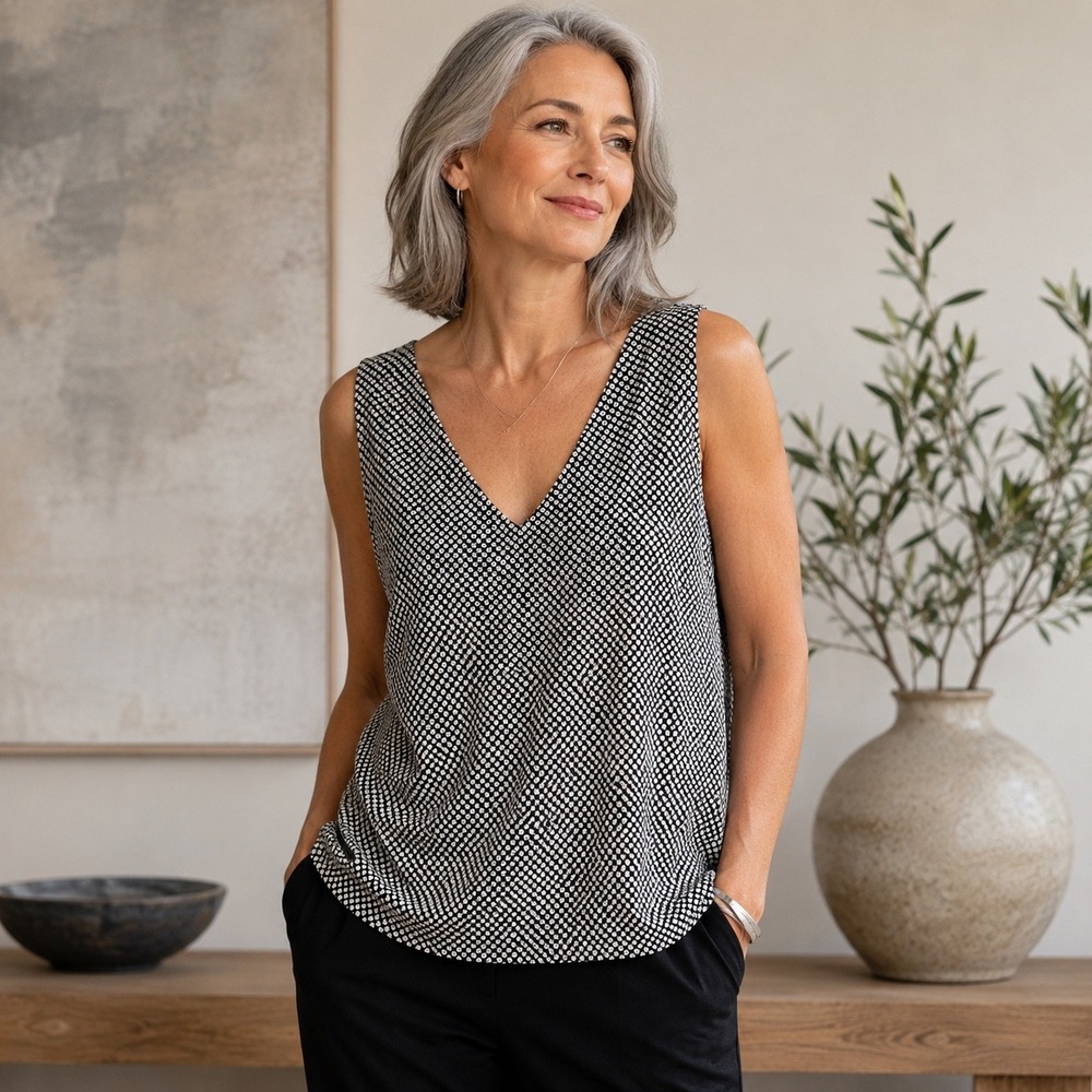 Eileen Fisher Top Tank Sleeveless Black White Organic Cotton L Large